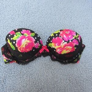 Victoria Secret Very Sexy Strapless Bra,‎ 34B Black Lace Red Floral Polyester